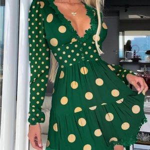 Polka Dot Print Lace Trim Ruched Dress size 14